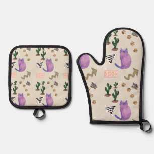 Ensemble De Gant De Cuisine Et De Manique Four Mitt & Pot Holders Chats Kitten Meow