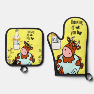 Ensemble De Gant De Cuisine Et De Manique Four Mitt & Pot Holders Milk Cow Farmhouse