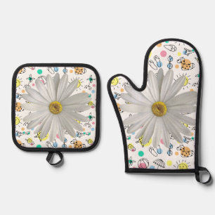 Ensemble De Gant De Cuisine Et De Manique Four Mitt & Pot Holders White Daisy Floral