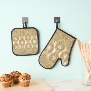 Ensemble De Gant De Cuisine Et De Manique Four Orné Or Mitt & Pot Holder Set