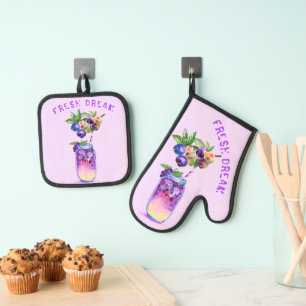 Ensemble De Gant De Cuisine Et De Manique Fraîchement Blueberry Boire Four Mitt & Pot Porte 