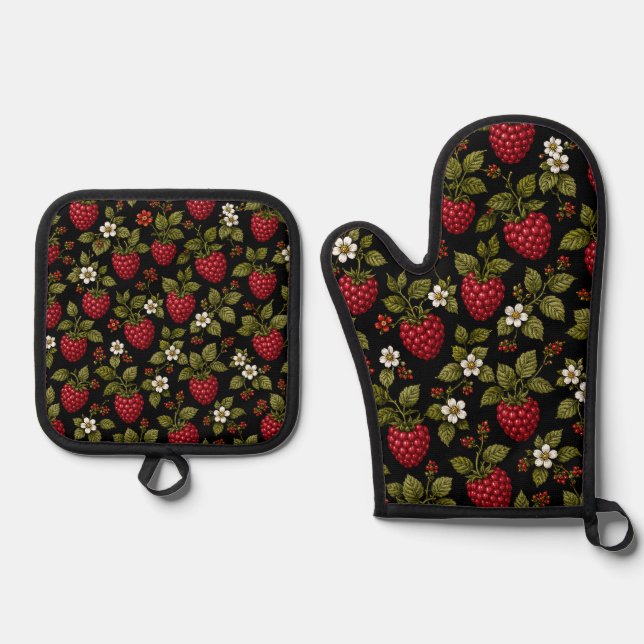 Ensemble De Gant De Cuisine Et De Manique Framboises (Recto)
