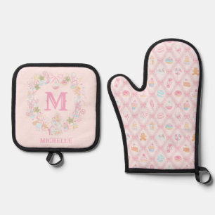 Ensemble De Gant De Cuisine Et De Manique Friandises de fêtes pastel sucrées avec des rubans