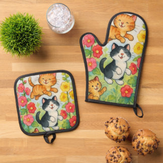 Ensemble De Gant De Cuisine Et De Manique Frolicking Country Chats in Flower Garden