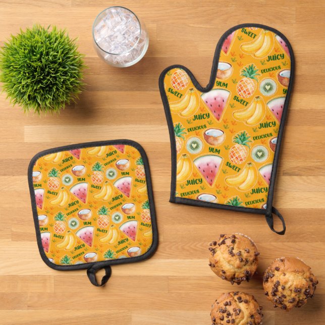 Ensemble De Gant De Cuisine Et De Manique Fruit Tropical (De haut en bas)