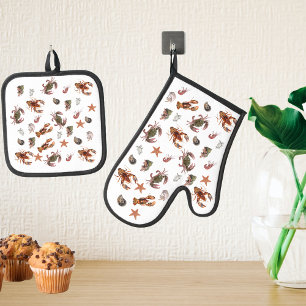 Ensemble De Gant De Cuisine Et De Manique Fruits de mer Crustacé Homard Crab Beach House