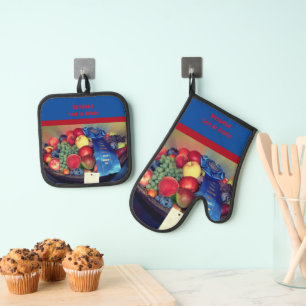 Ensemble De Gant De Cuisine Et De Manique Fruits de rubans bleus à la campagne Personnalisé