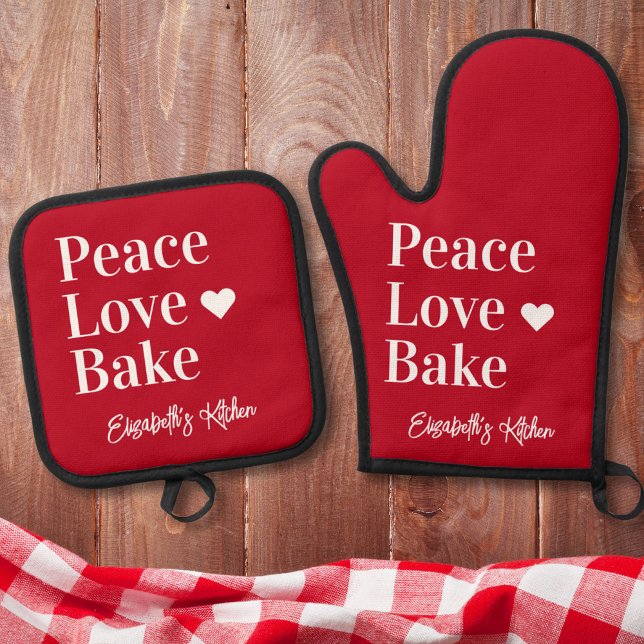 Ensemble De Gant De Cuisine Et De Manique Fun Baker Monogramme Nom Rouge (Créateur téléchargé)