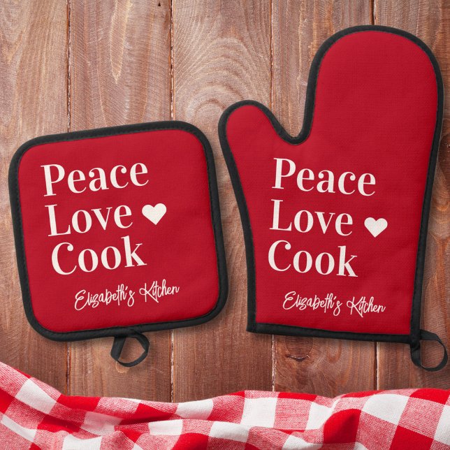 Ensemble De Gant De Cuisine Et De Manique Fun Cooks Nom du monogramme Rouge (Créateur téléchargé)