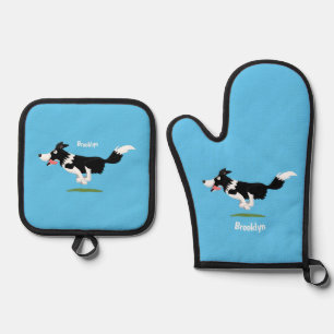 Ensemble De Gant De Cuisine Et De Manique Funny Border Collie chien en course dessin animé