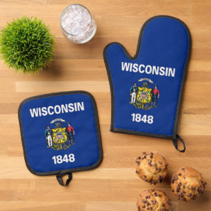 Ensemble De Gant De Cuisine Et De Manique Gant de four, porte-poêles, drapeau du Wisconsin