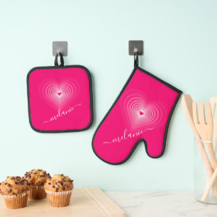 Ensemble De Gant De Cuisine Et De Manique Gants de cuisine et dessous de plat coeurs roses S