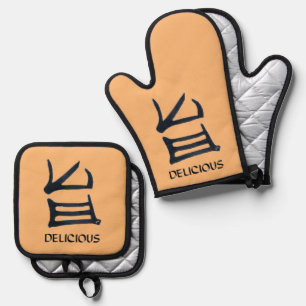 Ensemble De Gant De Cuisine Et De Manique Gants de four noir délicieux Kanji porte-poêles