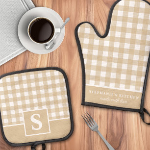 Ensemble De Gant De Cuisine Et De Manique Gingham Blanc Et Marron À Carreaux Monogrammé