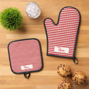 Ensemble De Gant De Cuisine Et De Manique Gingham Rouge et Blanc Classique Nom Personnalis