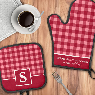 Ensemble De Gant De Cuisine Et De Manique Gingham Rouge Et Rose Carreaux Vichy À Monogramme