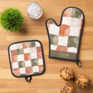 Ensemble De Gant De Cuisine Et De Manique Gingham Terre Cuite et Vert