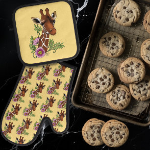 Ensemble De Gant De Cuisine Et De Manique Giraffe Fleurs de Portrait Jaunes