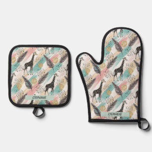 Ensemble De Gant De Cuisine Et De Manique Giraffe Whimsical Polka Dot Motif - Pastel