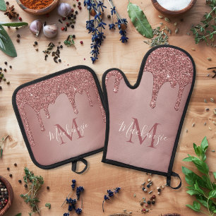 Ensemble De Gant De Cuisine Et De Manique Girly Rose Gold Sparkle Glitter Drips monogram