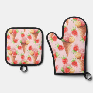 Ensemble De Gant De Cuisine Et De Manique Glace à la Fraise Sucrée Aquarelle Apro