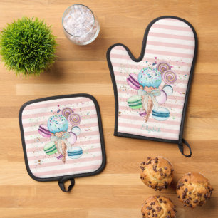 Ensemble De Gant De Cuisine Et De Manique Glace à l'aquarelle, Macarons, Rayures roses