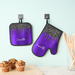 Ensemble De Gant De Cuisine Et De Manique Glamour Violet Pailleté Noir qui Dégouline Nom