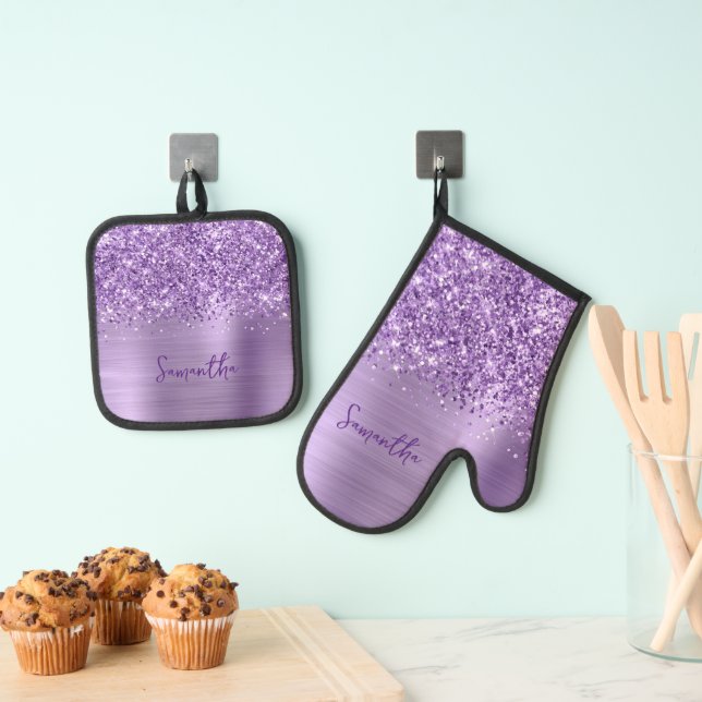Ensemble De Gant De Cuisine Et De Manique Glittery Glam Royal Purple Nom (In situ (suspendu))