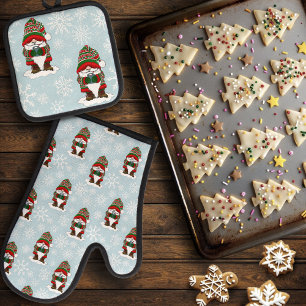 Ensemble De Gant De Cuisine Et De Manique Gnome de Noël Cosy Rouge Vert Hiver Mignon