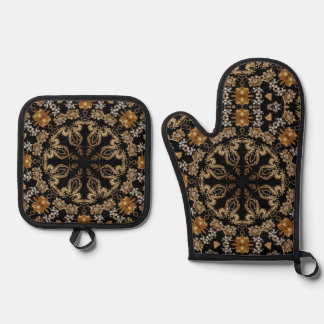 Ensemble De Gant De Cuisine Et De Manique Gold Decorative Oven Mitt & Pot Holder Set