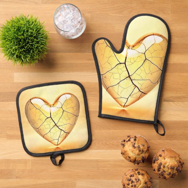 Ensemble De Gant De Cuisine Et De Manique Golden Cracked Heart Art (De haut en bas)