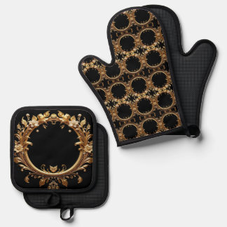 Ensemble De Gant De Cuisine Et De Manique Golden Floral Ornate Oven Mitt & Pot Holder Set