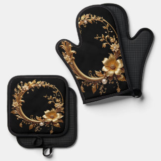 Ensemble De Gant De Cuisine Et De Manique Golden Floral Ornate Oven Mitt & Pot Holder Set