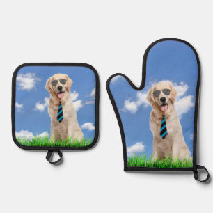 Ensemble De Gant De Cuisine Et De Manique Golden Retriever avec lunettes de soleil Aviateur