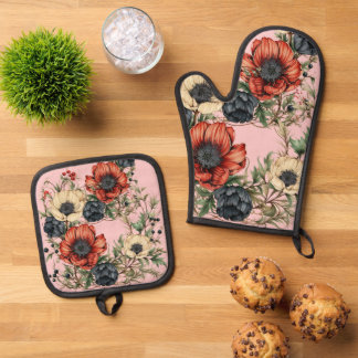 Ensemble De Gant De Cuisine Et De Manique Grands Floraux Riche Rouille, Violet Foncé, Crème