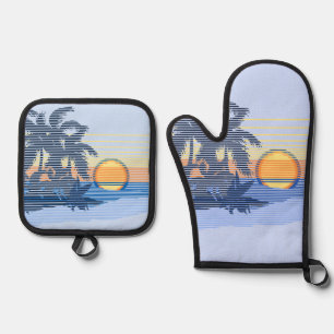 Ensemble De Gant De Cuisine Et De Manique Grands surfeurs rayés Hawaïens de Big Sunset - Ble