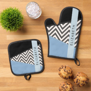 Ensemble De Gant De Cuisine Et De Manique Grey Zigzag, Grey Chevron, Bleu, Votre Nom