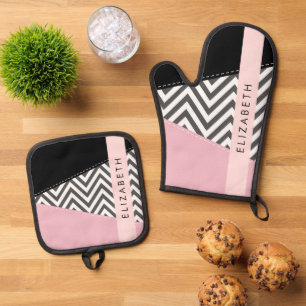 Ensemble De Gant De Cuisine Et De Manique Grey Zigzag, Grey Chevron, Rose, Votre Nom