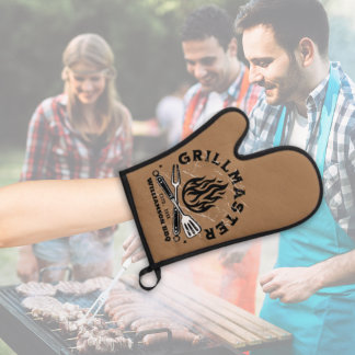Ensemble De Gant De Cuisine Et De Manique GRILLMASTER Rustique Personnalisé Brown et blanc