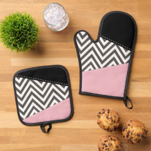 Ensemble De Gant De Cuisine Et De Manique Gris Zigzag, Gris Chevron, Motif Zigzag, Rose