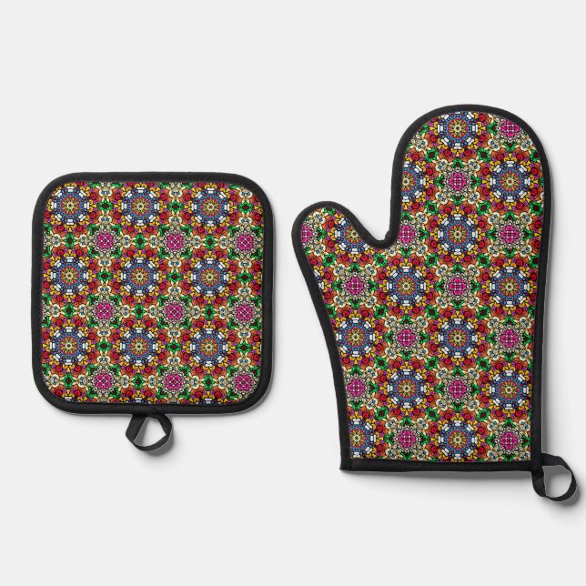 Ensemble De Gant De Cuisine Et De Manique Groovy Funky Flower Power  (Recto)