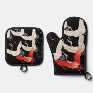 Ensemble De Gant De Cuisine Et De Manique Grues volantes : Japonais Bird Kimono Art