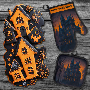 Ensemble De Gant De Cuisine Et De Manique Halloween Adulte Hantée Mansion