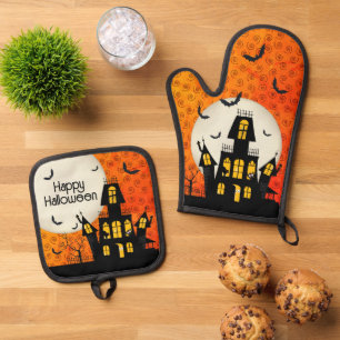 Ensemble De Gant De Cuisine Et De Manique Halloween Maison hantée Pleine lune chauves-souris