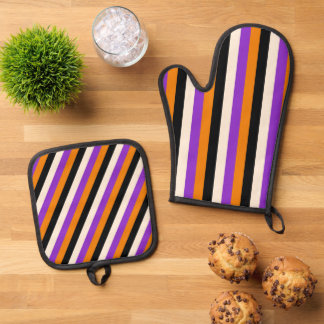 Ensemble De Gant De Cuisine Et De Manique Halloween Orange Violet Noir Rayure