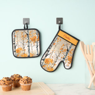 Ensemble De Gant De Cuisine Et De Manique Happy Fall Y'All - Colorful Birch Tree Foliing