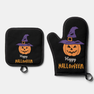 Ensemble De Gant De Cuisine Et De Manique Happy Halloween Pumpkin Oven Mitt & Pot Holder Set