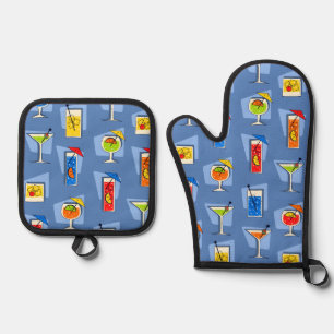 Ensemble De Gant De Cuisine Et De Manique Happy Hour Retro Hawaiian Tropical Dracks Blue