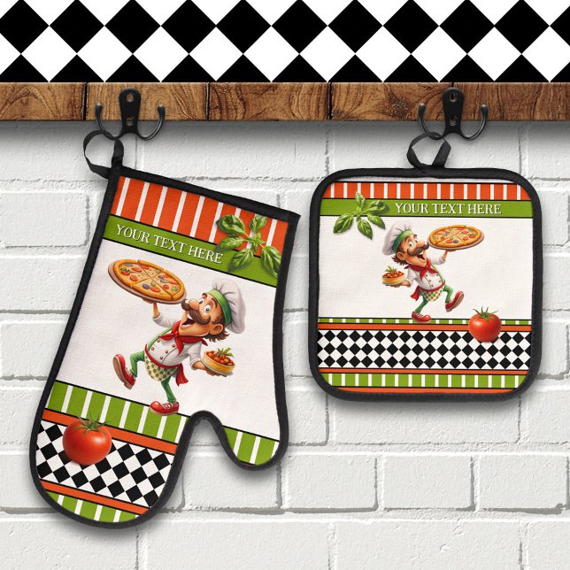 Ensemble De Gant De Cuisine Et De Manique Happy Italian Pizza Baker (Oven mitt and pot holder set showing a whimsical illustration of a pizza baker with tomato and basil)