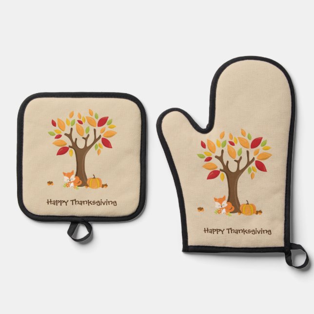 Ensemble De Gant De Cuisine Et De Manique Happy Thanksgiving with Tree, Fox & Pumpkin (Recto)